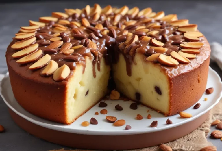 Gâteau moelleux à la compote de pommes, pépites de chocolat et amandes effilées