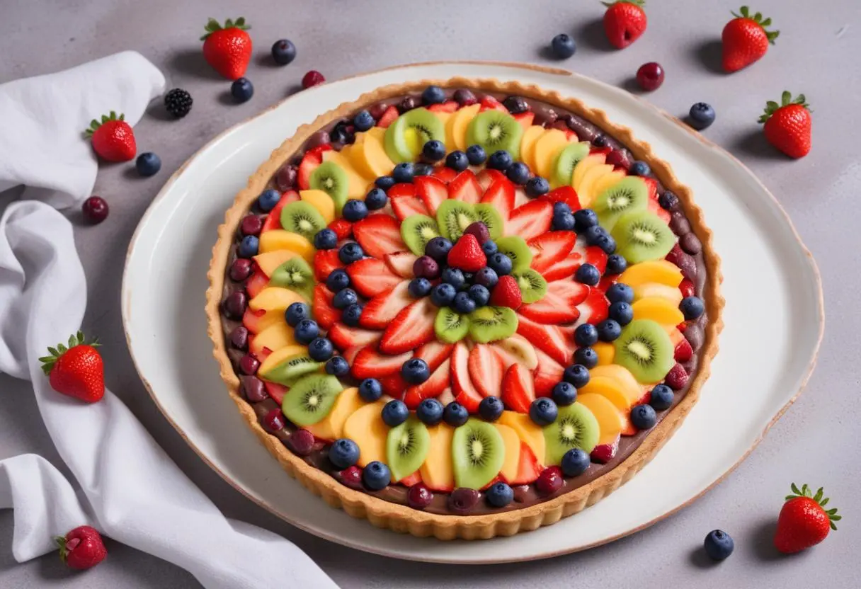 Tarte aux fruits frais sur une couche de chocolat blanc