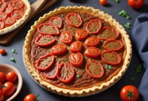 Tarte fine aux tomates cœur de bœuf sur un lit de moutarde