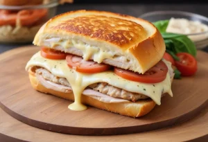 Croque Monsieur façon burger au poulet / tomate / mozzarella et champignons